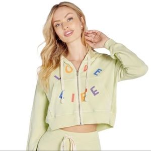 WILDFOX Love Life Kinsey Cropped Zip Hoodie Shadow Lime Green NWT